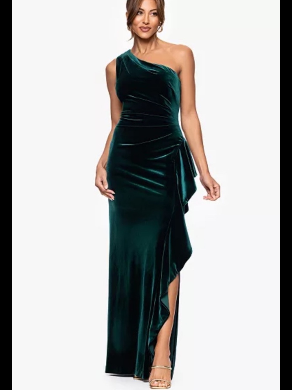 Xscape Velvet One Shoulder Ruffle Gown,hunter Color,sz 10,New Without Tag